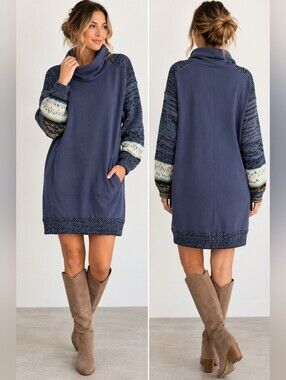 Daily Practice Anthropologie XL Cozy Cowl Neck Mixed Knit Tunic Dress Blue